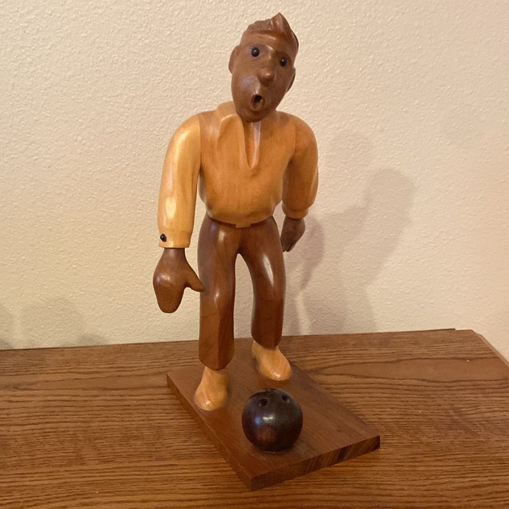 Vintage Hand Carved Wooden Bowling Man Bowler Figurine